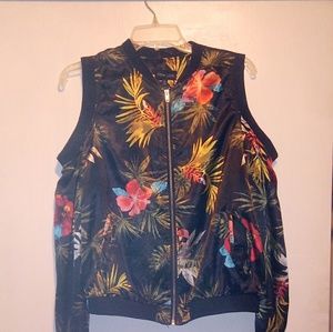 Cold shoulder floral bomber jacket